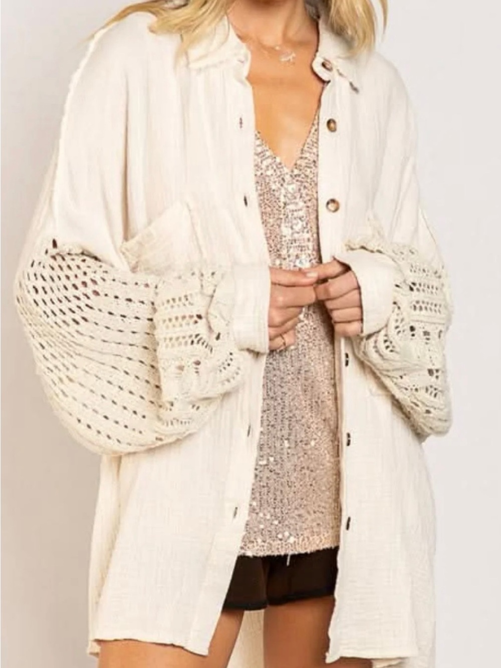 POL Beige Crochet Sleeve Shacket Oversized Gauze Boho Button Front Large Boho